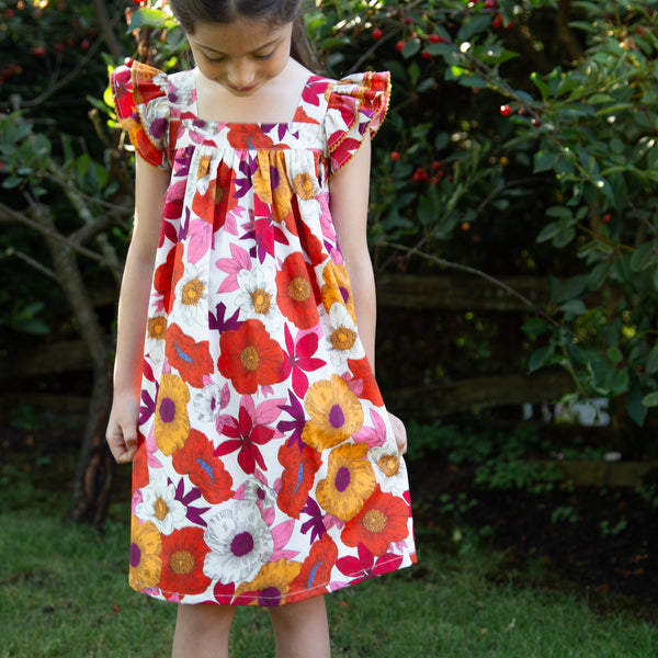 Girls Everly Square Neck Dress | Red and Orange Floral Medley
