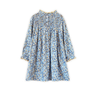 Girls Smocked Long Sleeves Dress | Blue and Mustard Wildflowers
