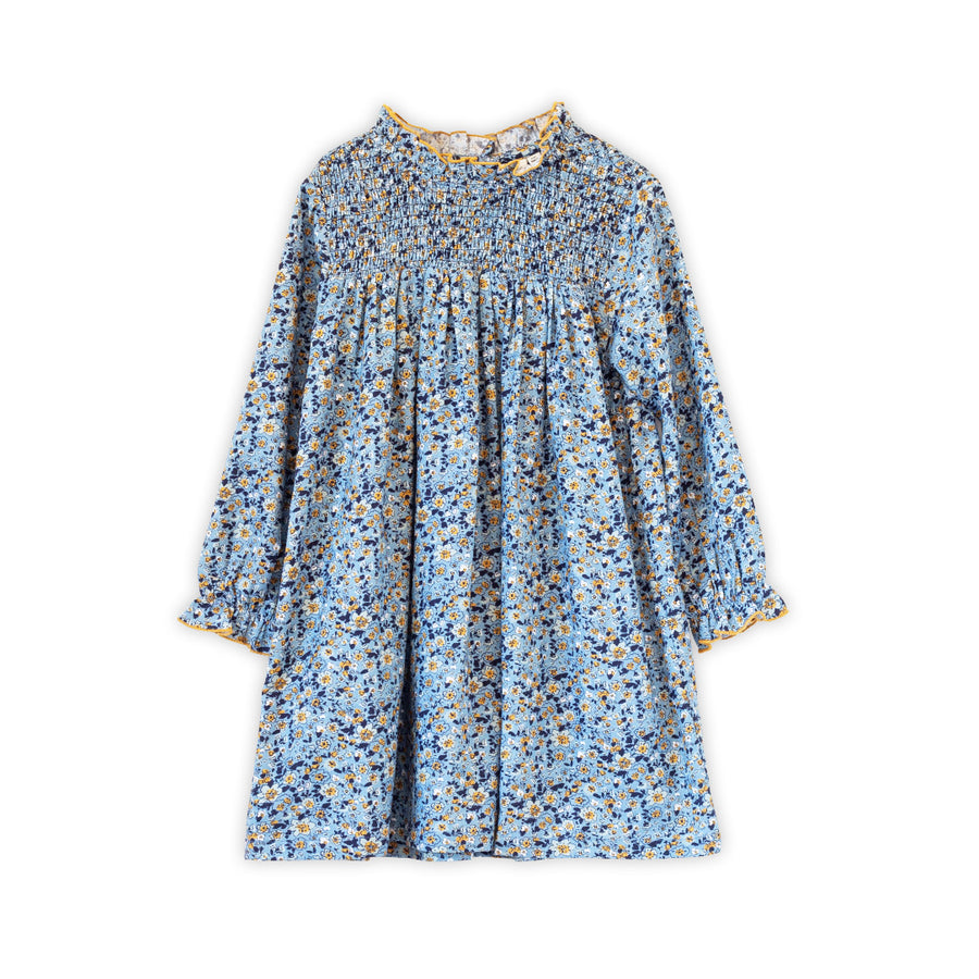 Girls Smocked Long Sleeves Dress | Blue and Mustard Wildflowers