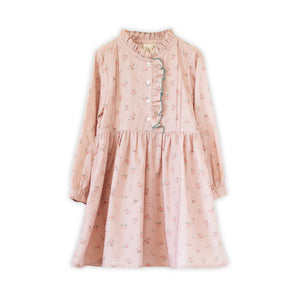 Girls Long Sleeves Dress with Front Ruffle | Vintage Pink Rose