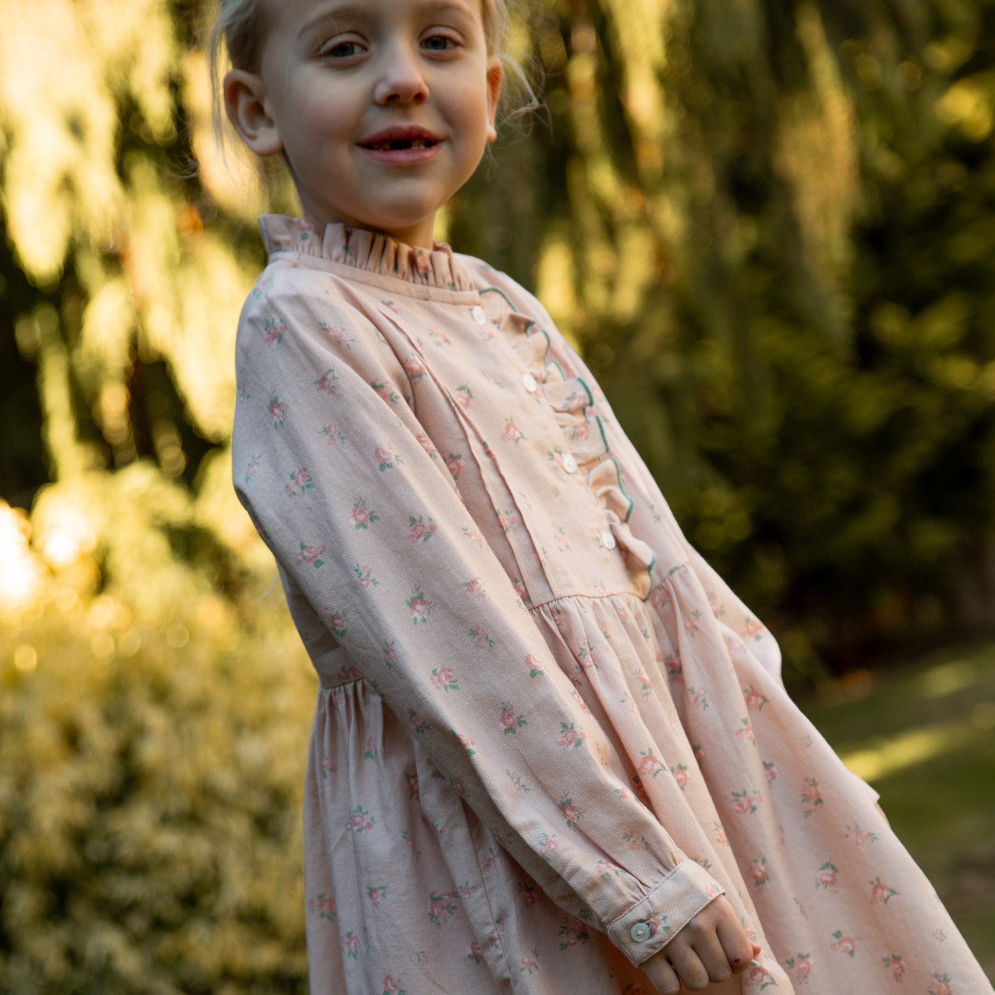Girls Long Sleeves Dress with Front Ruffle | Vintage Pink Rose 3-4Y Girls Long Sleeves Dress with Front Ruffle | Vintage Pink Rose 3-4Y
