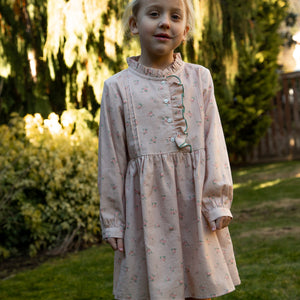 Girls Long Sleeves Dress with Front Ruffle | Vintage Pink Rose
