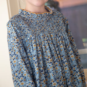 Girls Smocked Long Sleeves Dress | Blue and Mustard Wildflowers