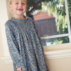 Girls Smocked Long Sleeves Dress | Blue and Mustard Wildflowers