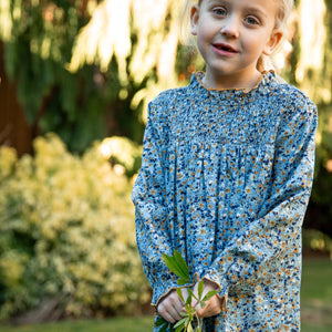 Girls Smocked Long Sleeves Dress | Blue and Mustard Wildflowers