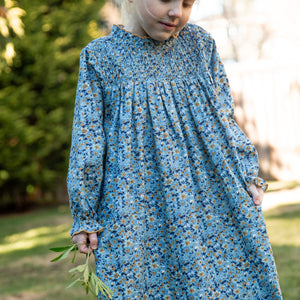Girls Smocked Long Sleeves Dress | Blue and Mustard Wildflowers