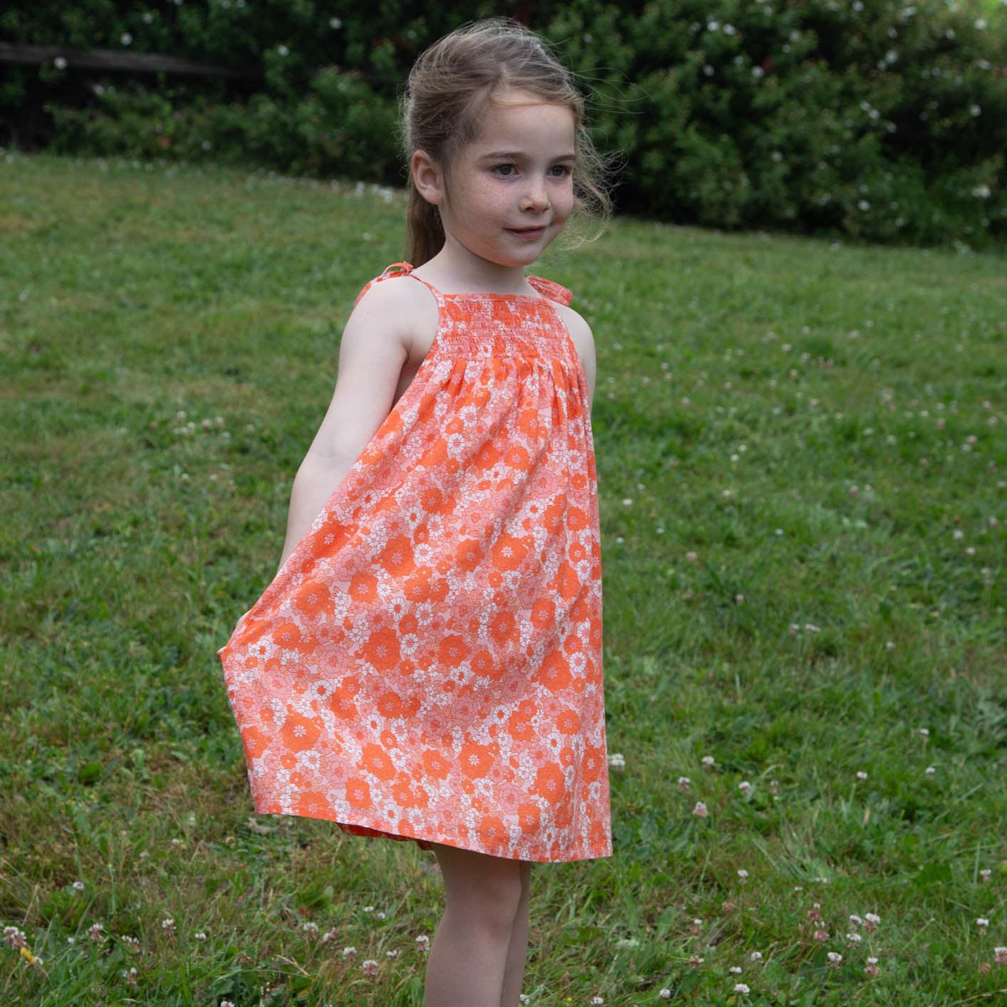 Girls' Shoulder-Tie Smocked Dress | Orange Meadow 9-10 Y Girls' Shoulder-Tie Smocked Dress | Orange Meadow 9-10 Y