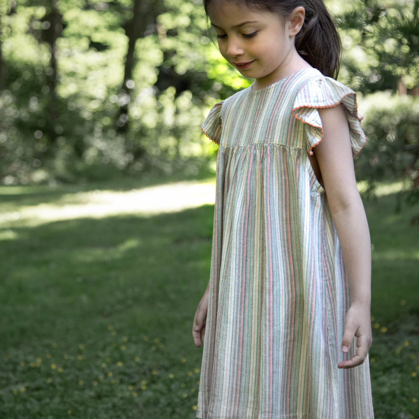 Girls Flutter Sleeve Dress | Mint Green Stripe Girls Flutter Sleeve Dress | Mint Green Stripe