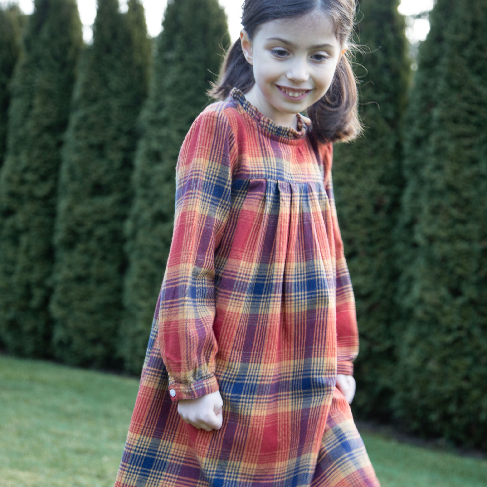 Girls' Long Sleeve Plaid Flannel Dress Orange Check