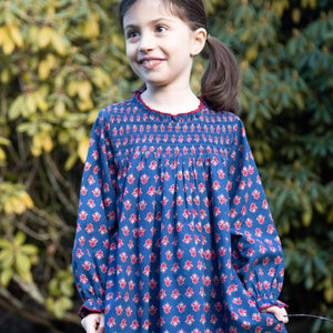 Girls' Smocked Long Sleeves Dress | Red and Navy