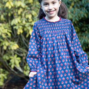 Girls' Smocked Long Sleeves Dress | Red and Navy