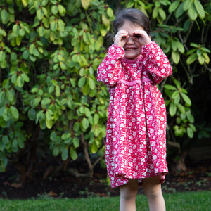 Toddler Long Sleeves Dress with Lace Trim | Red and White Floral