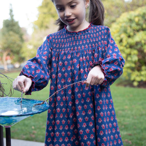 Girls' Smocked Long Sleeves Dress | Red and Navy