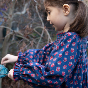 Girls' Smocked Long Sleeves Dress | Red and Navy