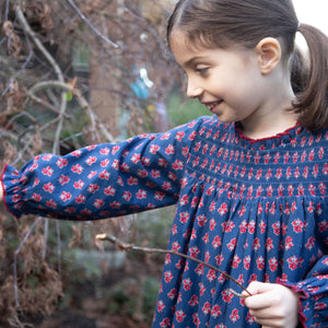 Girls' Smocked Long Sleeves Dress | Red and Navy