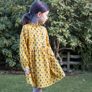 Girls' Long Sleeves Dress with Front Ruffle| Yellow and Pink