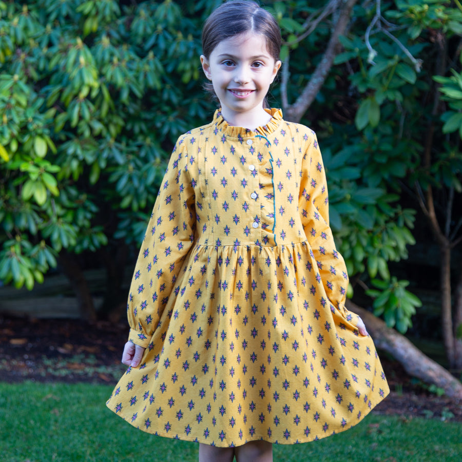 Girls' Long Sleeves Dress with Front Ruffle| Yellow and Pink