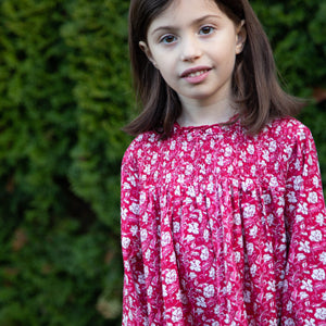 Girls' Smocked Long Sleeves Dress | Red and White Floral