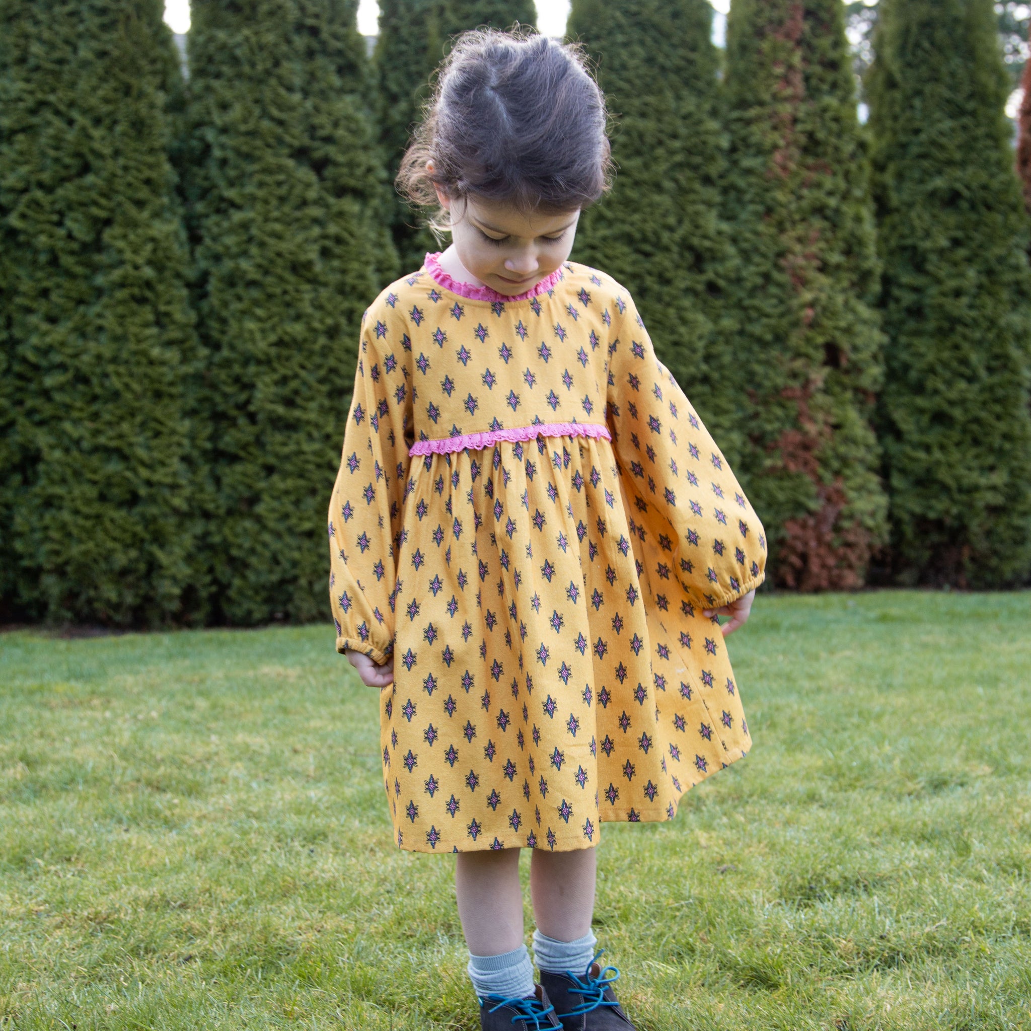 Toddler Long Sleeves Dress with Lace Trim | Yellow and Pink Toddler Long Sleeves Dress with Lace Trim | Yellow and Pink