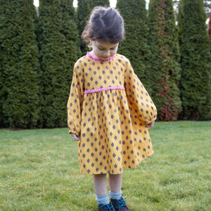 Toddler Long Sleeves Dress with Lace Trim | Yellow and Pink