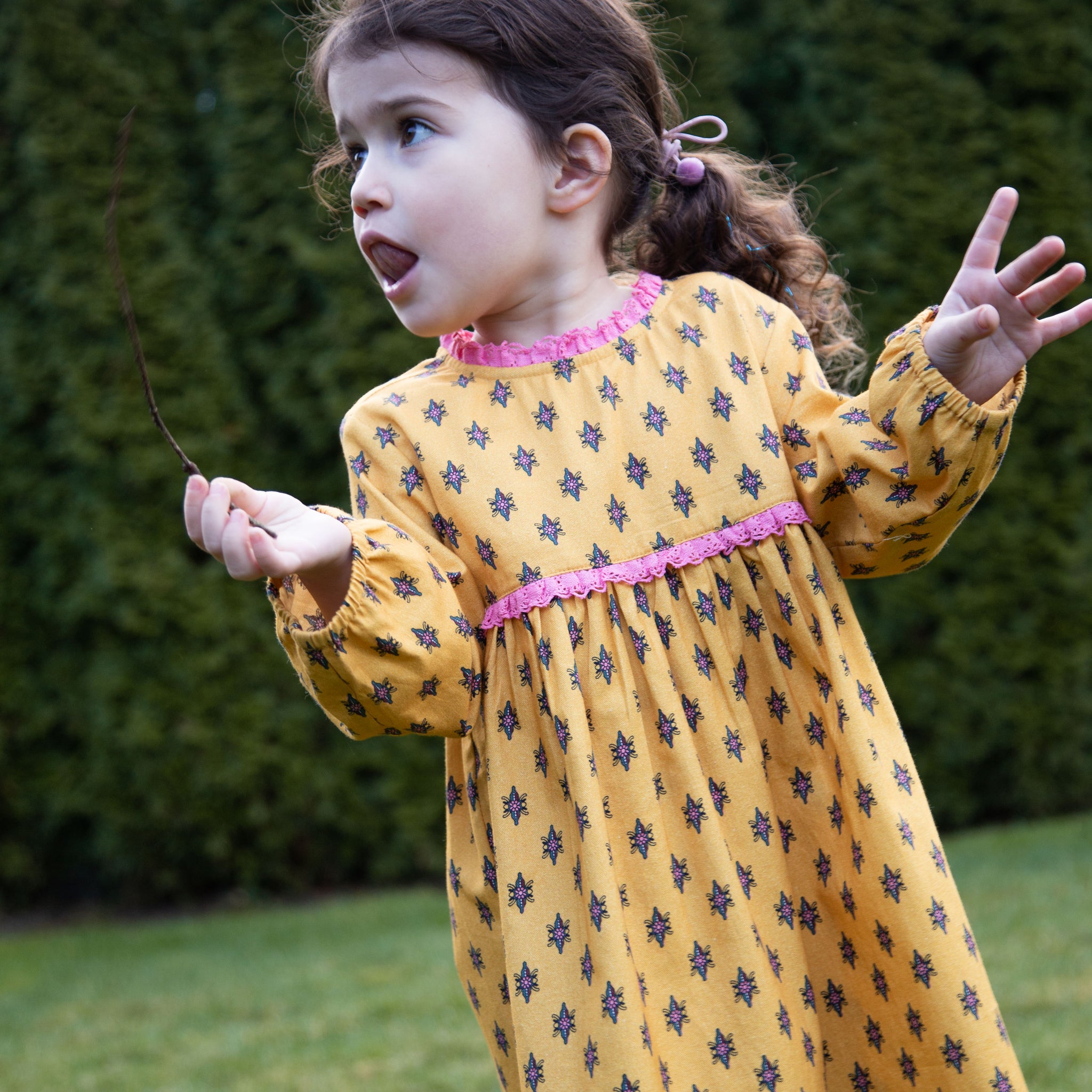 Toddler Long Sleeves Dress with Lace Trim | Yellow and Pink 18-24 Mo Toddler Long Sleeves Dress with Lace Trim | Yellow and Pink 18-24 Mo