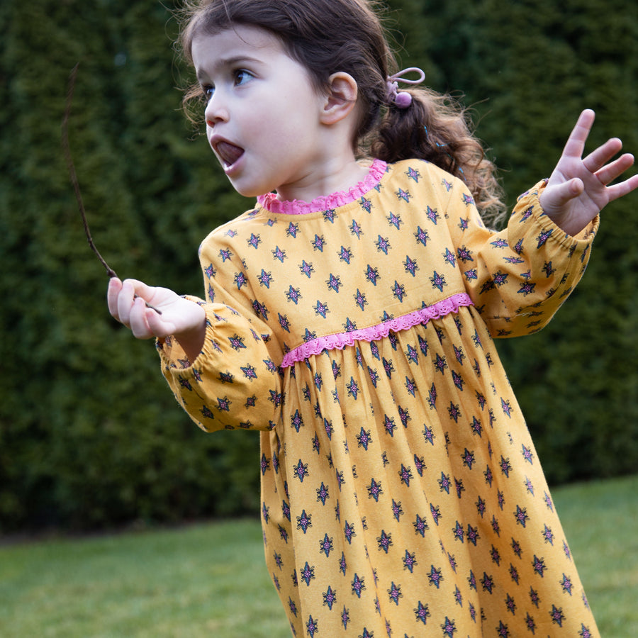 Toddler Long Sleeves Dress with Lace Trim | Yellow and Pink