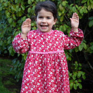 Toddler Long Sleeves Dress with Lace Trim | Red and White Floral