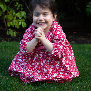 Toddler Long Sleeves Dress with Lace Trim | Red and White Floral