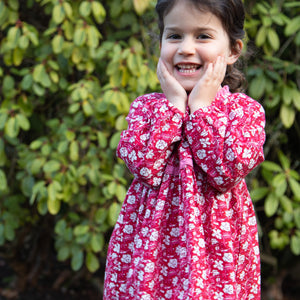 Toddler Long Sleeves Dress with Lace Trim | Red and White Floral