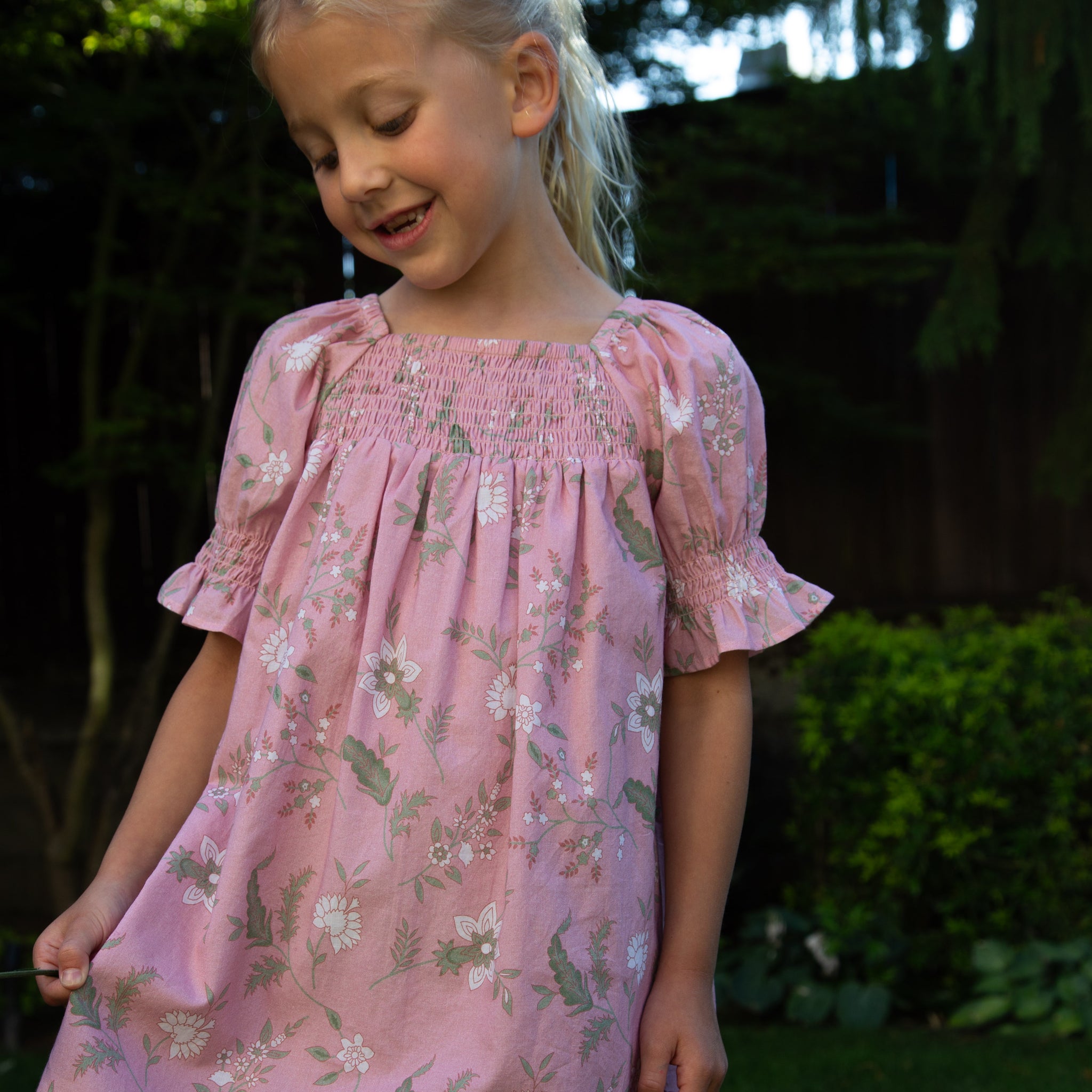 Girls Olivia Dress with Smocking | Pink and Green Fern