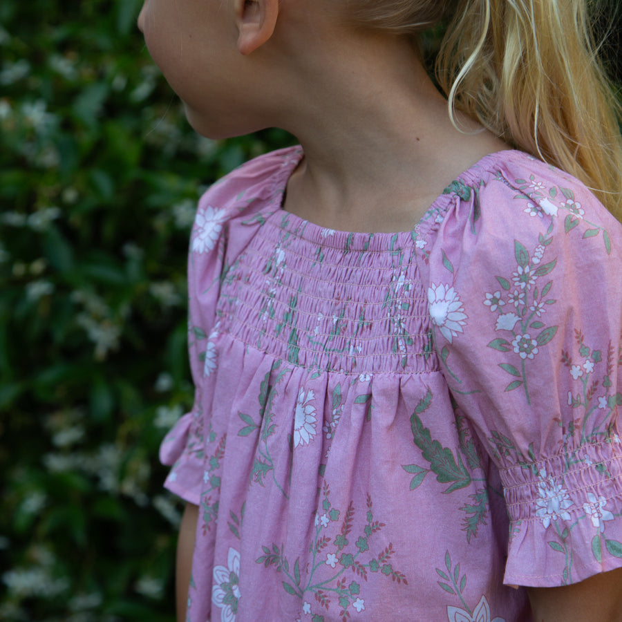 Girls Olivia Dress with Smocking | Pink and Green Fern