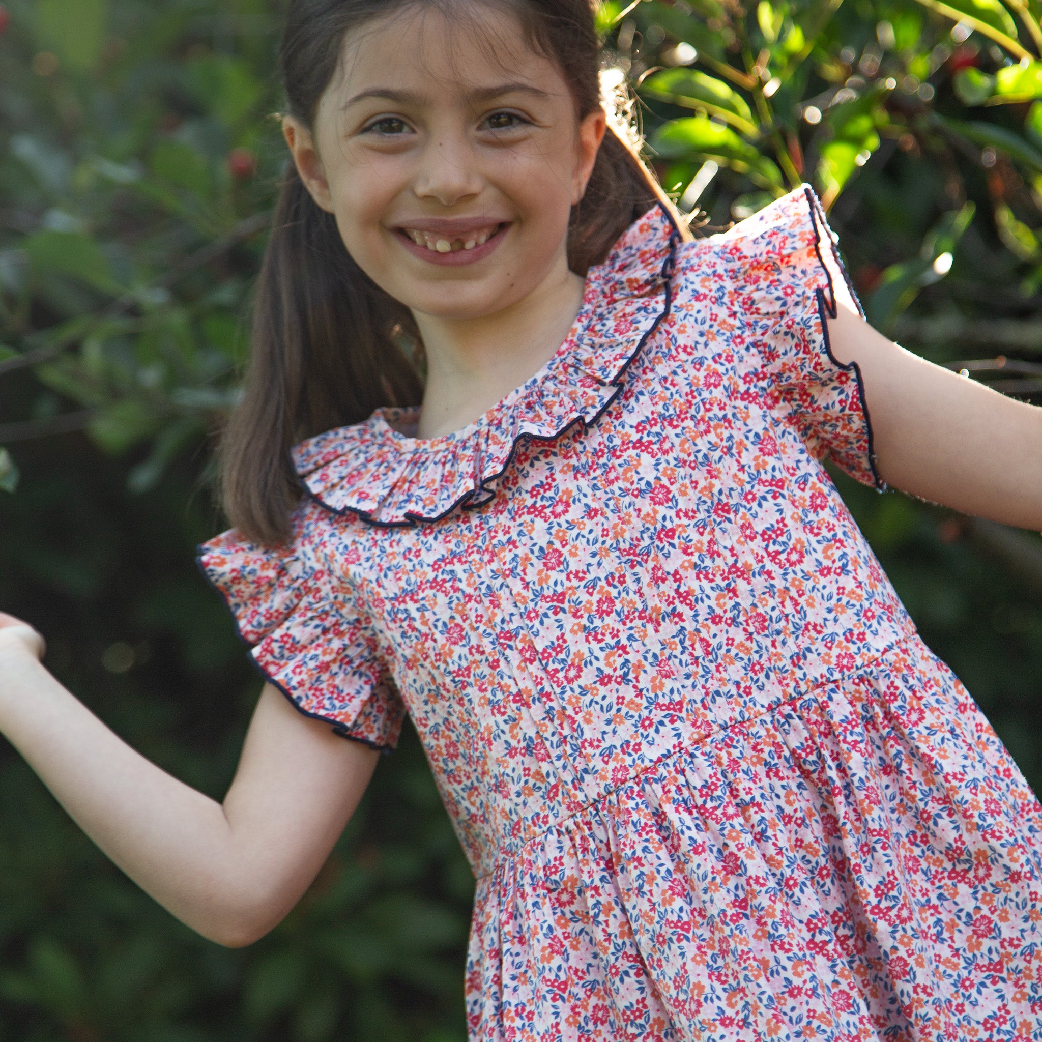 Girls Ana Dress with Ruffles | Red and Blue Floral 2-3 Y Girls Ana Dress with Ruffles | Red and Blue Floral 2-3 Y