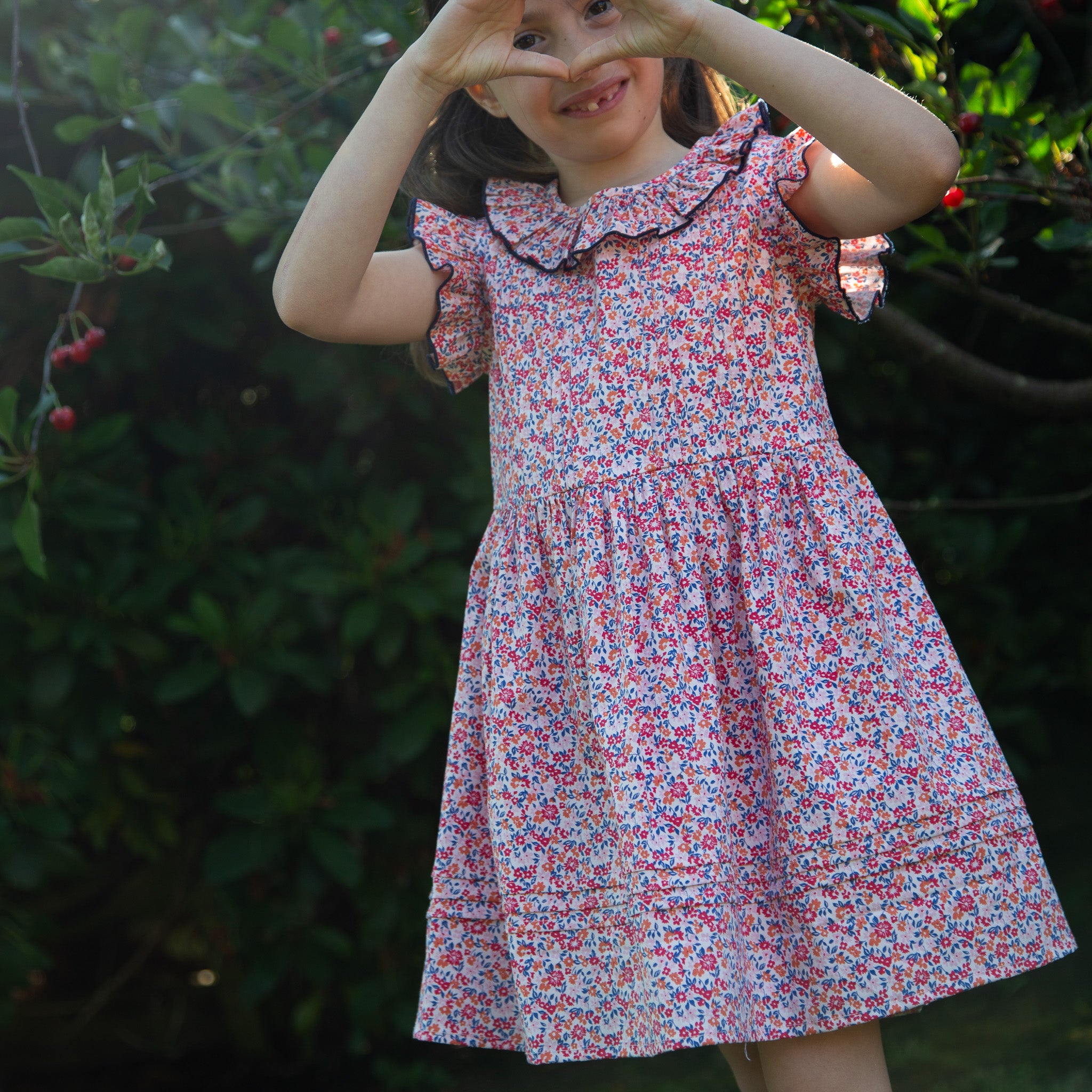Girls Ana Dress with Ruffles | Red and Blue Floral 2-3 Y Girls Ana Dress with Ruffles | Red and Blue Floral 2-3 Y