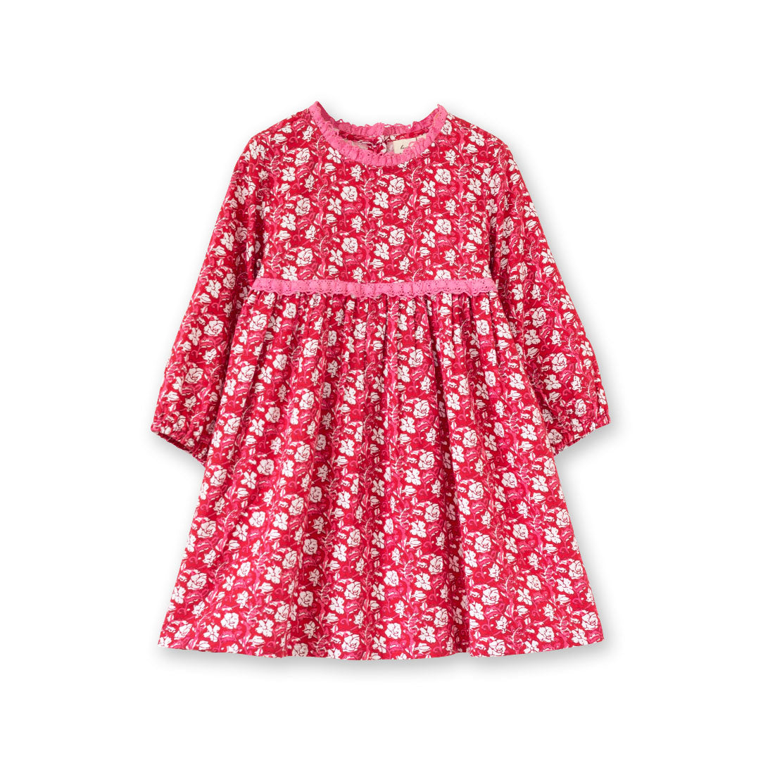 Toddler Long Sleeves Dress with Lace Trim | Red and White Floral 2-3 Y Toddler Long Sleeves Dress with Lace Trim | Red and White Floral 2-3 Y