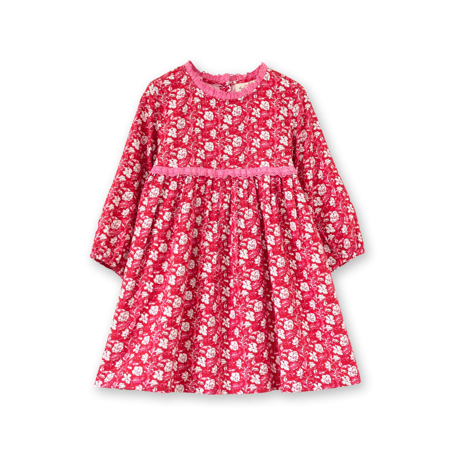 Toddler Long Sleeves Dress with Lace Trim | Red and White Floral