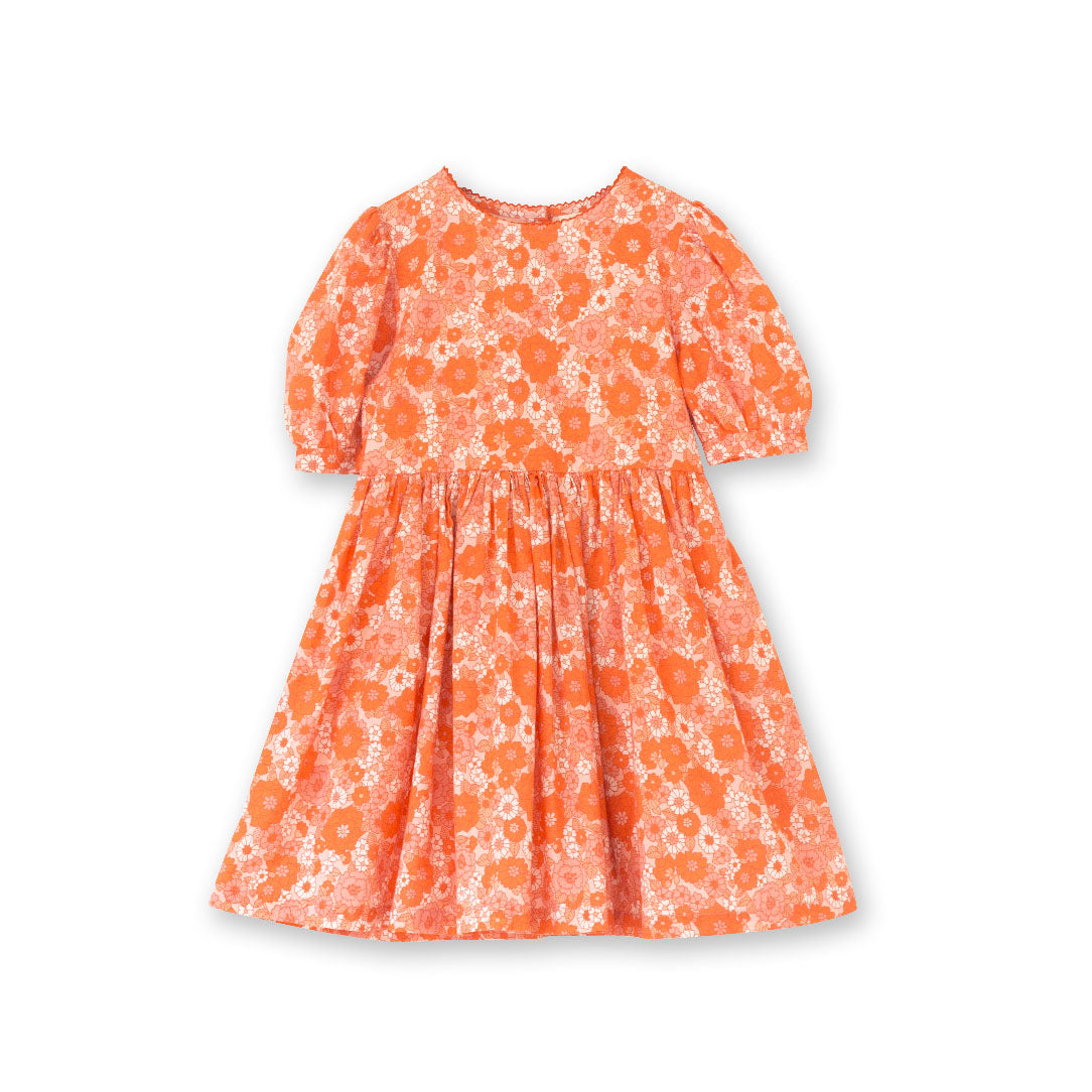 Girls' Short Puff Sleeve Dress | Orange Meadow - Beet World Girls' Short Puff Sleeve Dress | Orange Meadow - Beet World