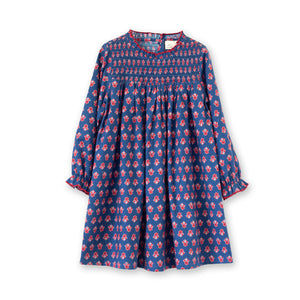 Girls' Smocked Long Sleeves Dress | Red and Navy