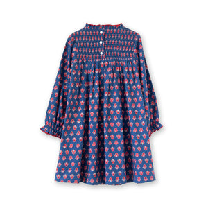 Girls' Smocked Long Sleeves Dress | Red and Navy