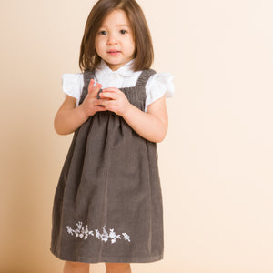 Toddler Pinafore Corduroy Dress with Embroidery | Gray & White