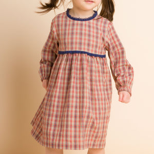 Toddler Long Sleeves Dress with Lace Trim | Red and Blue Check