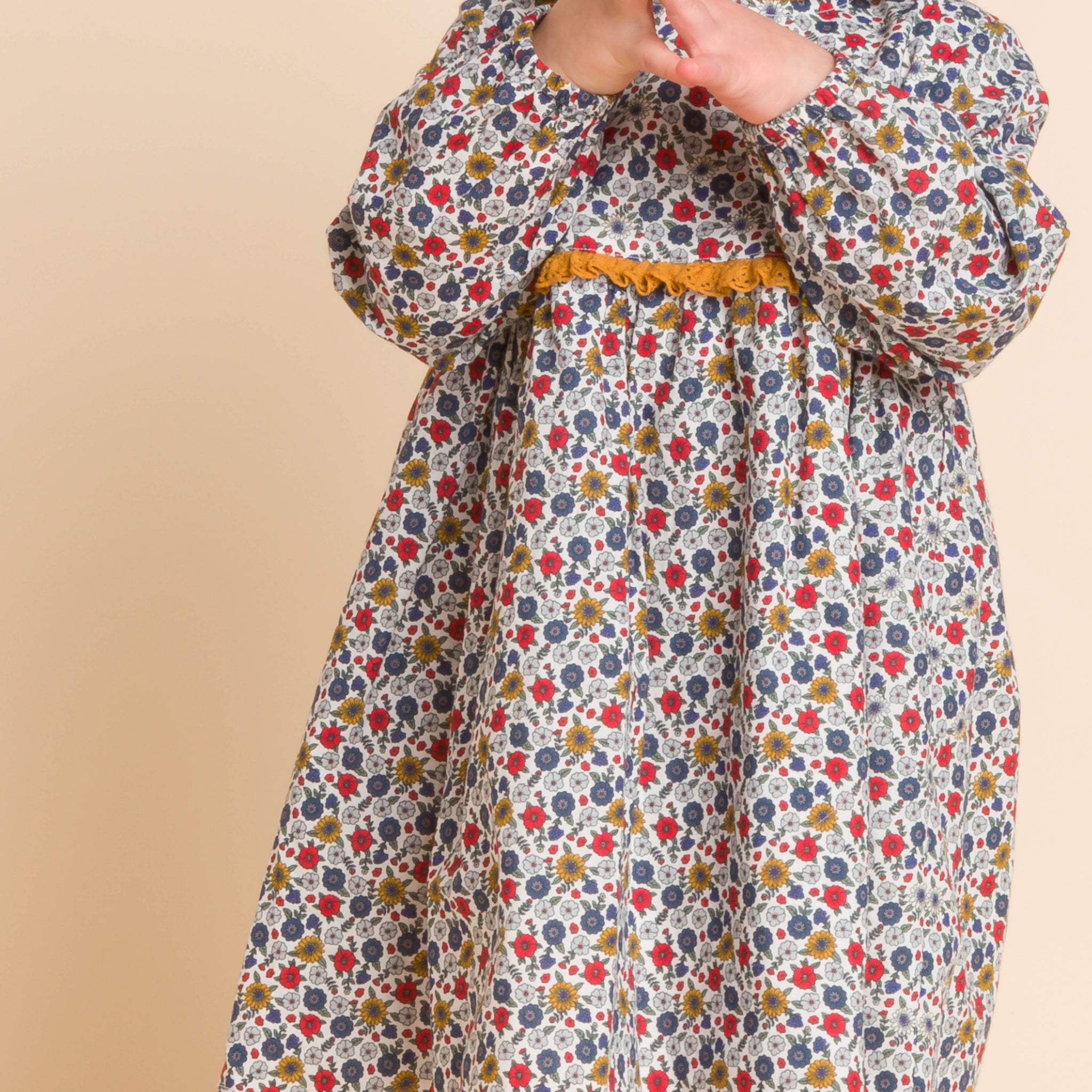 Toddler Long Sleeves Dress with Lace Trim | Mustard and Blue Floral - Beet World Toddler Long Sleeves Dress with Lace Trim | Mustard and Blue Floral - Beet World