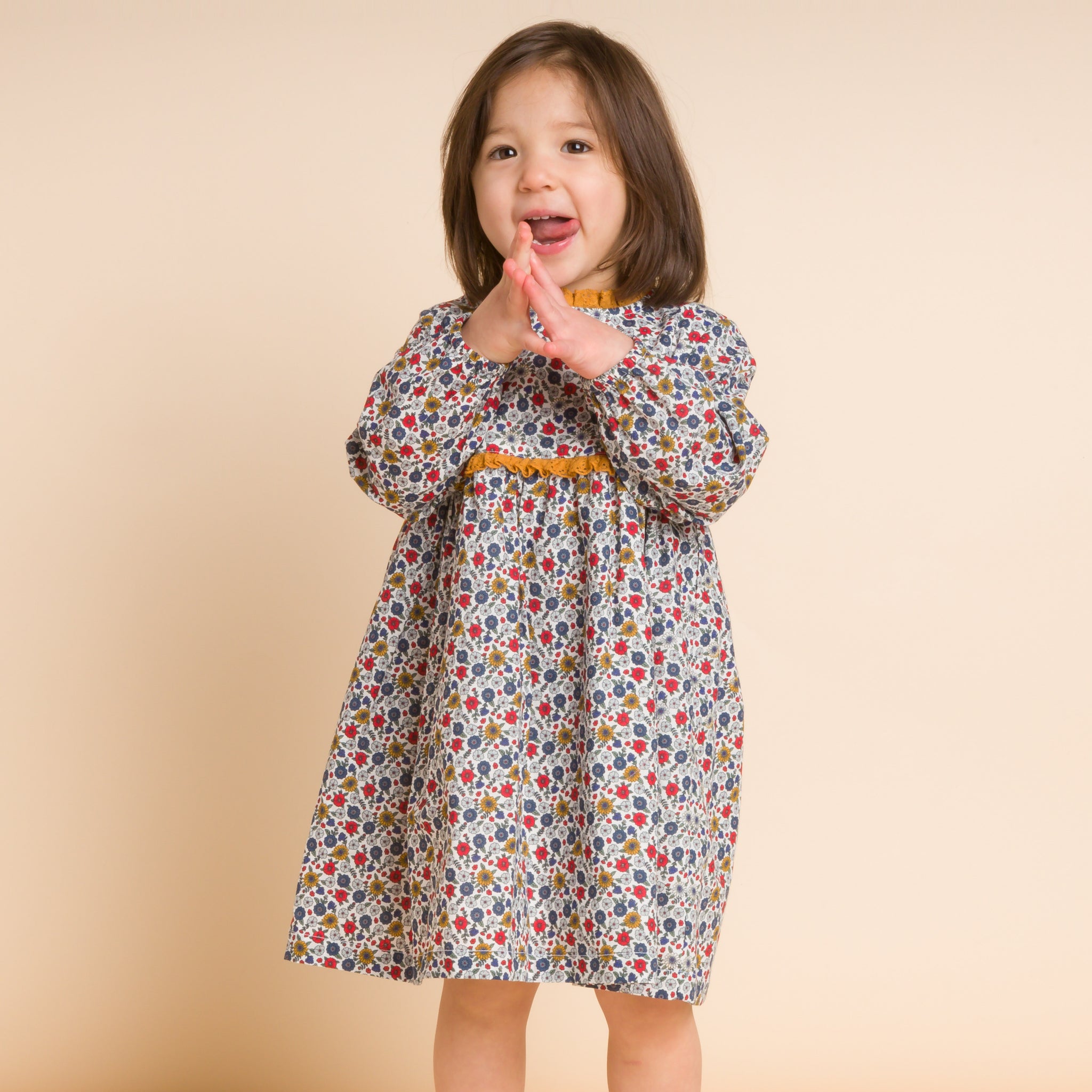 Toddler Long Sleeves Dress with Lace Trim | Mustard and Blue Floral Toddler Long Sleeves Dress with Lace Trim | Mustard and Blue Floral