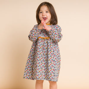 Toddler Long Sleeves Dress with Lace Trim | Mustard and Blue Floral