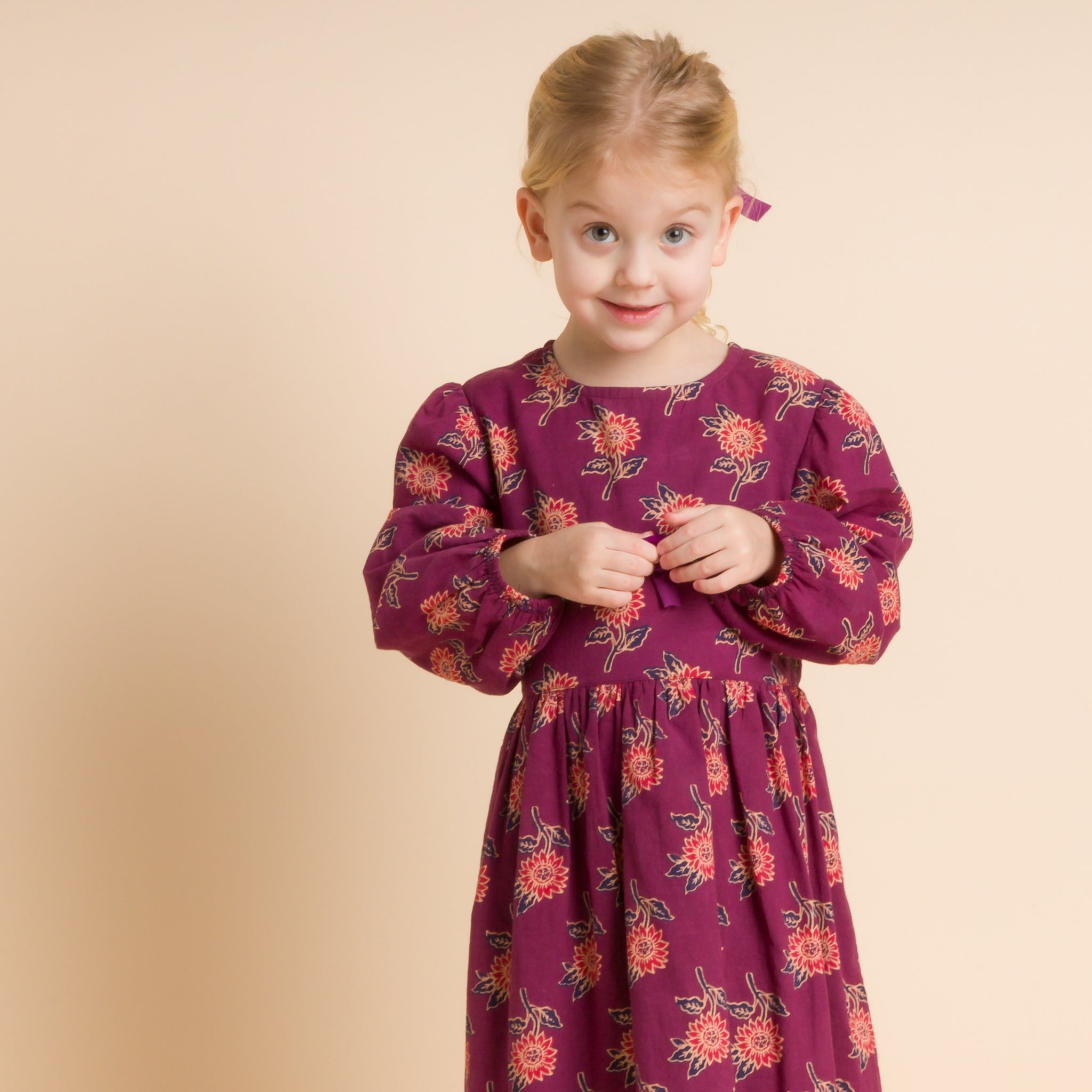 Girls' Long Sleeve Dress with Floral Motif | Purple & Red 3-4Y | Beet World Girls' Long Sleeve Dress with Floral Motif | Purple & Red 3-4Y | Beet World