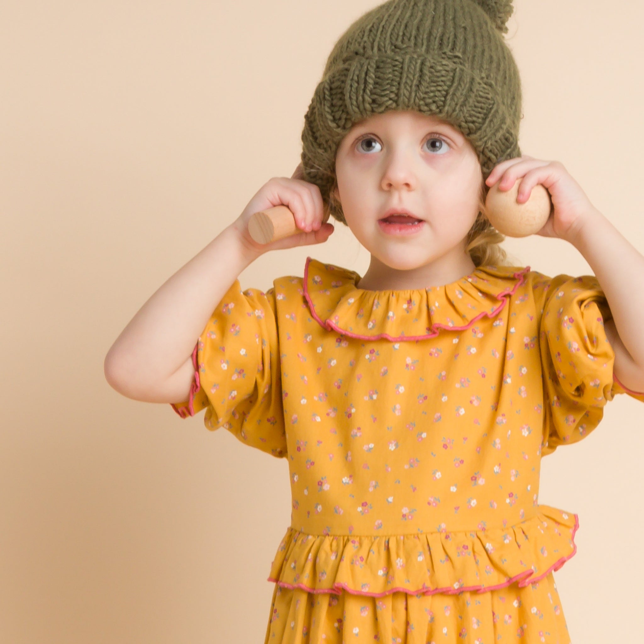 Girls' Ruffle Collar Long Sleeve Dress | Mustard and Pink - Beet World Girls' Ruffle Collar Long Sleeve Dress | Mustard and Pink - Beet World
