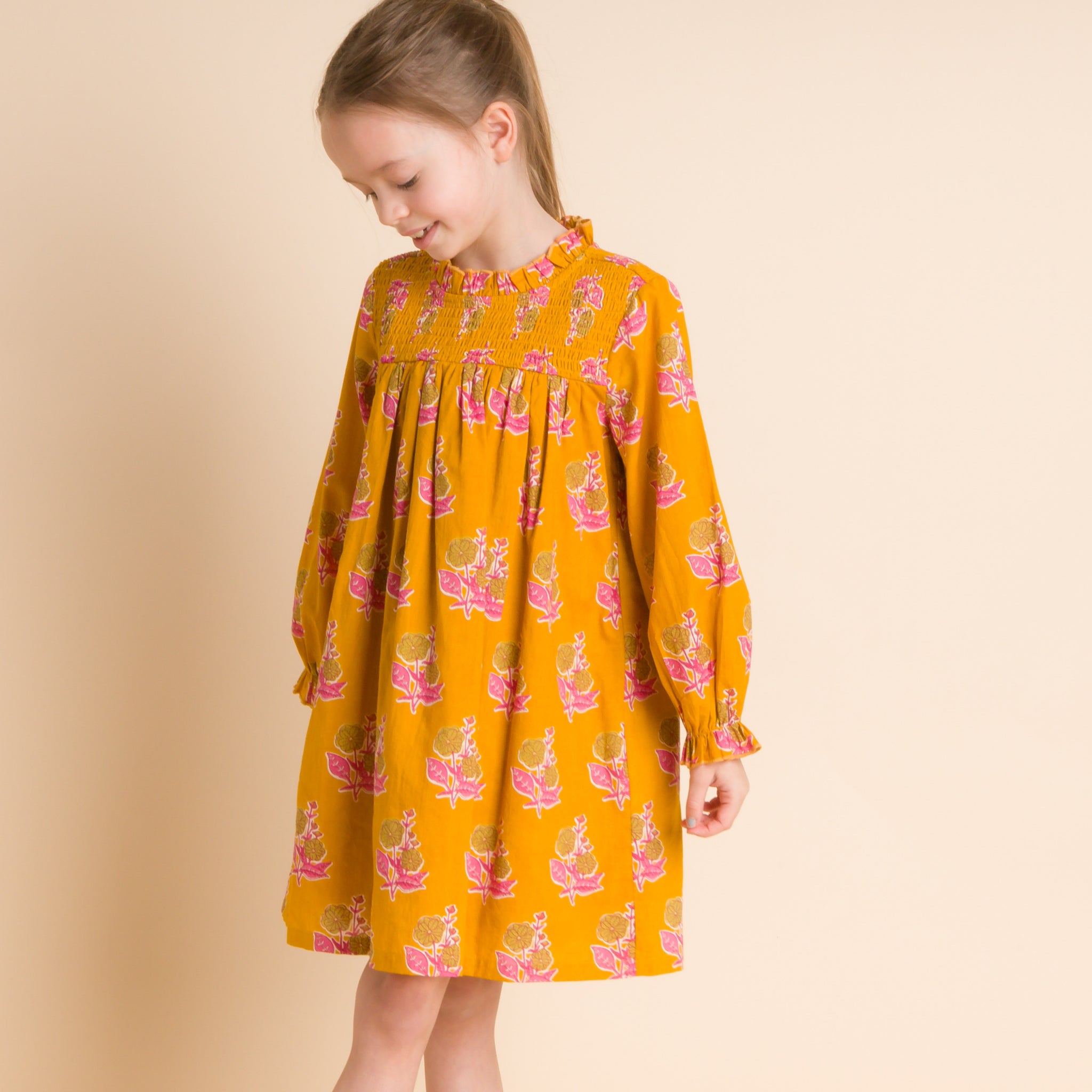 Girls' Smocked Long Sleeve Dress | Mustard and Pink Girls' Smocked Long Sleeve Dress | Mustard and Pink