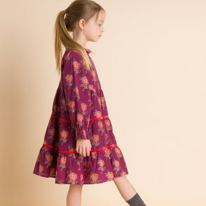 Girls' Long Sleeves Tiered Skirt Dress with Velvet Trim | Purple and Red