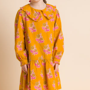 Girls' Wide Collar Long Sleeve Dress with Low Waist | Mustard and Pink