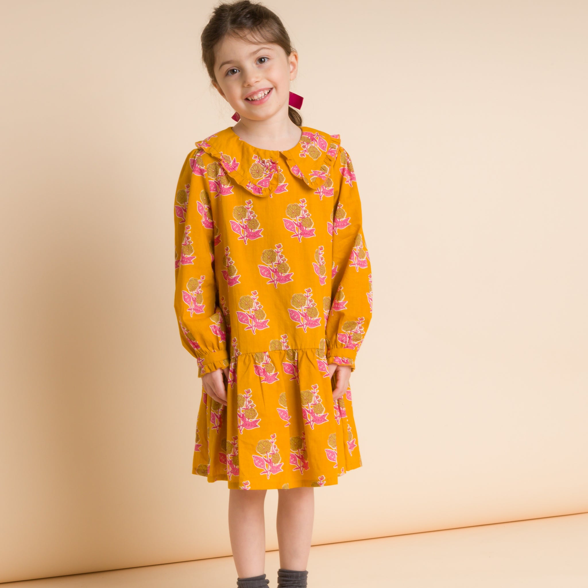 Girls' Wide Collar Long Sleeve Dress with Low Waist | Mustard and Pink - Beet World Girls' Wide Collar Long Sleeve Dress with Low Waist | Mustard and Pink - Beet World