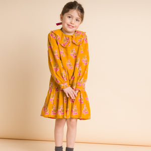 Girls' Wide Collar Long Sleeve Dress with Low Waist | Mustard and Pink